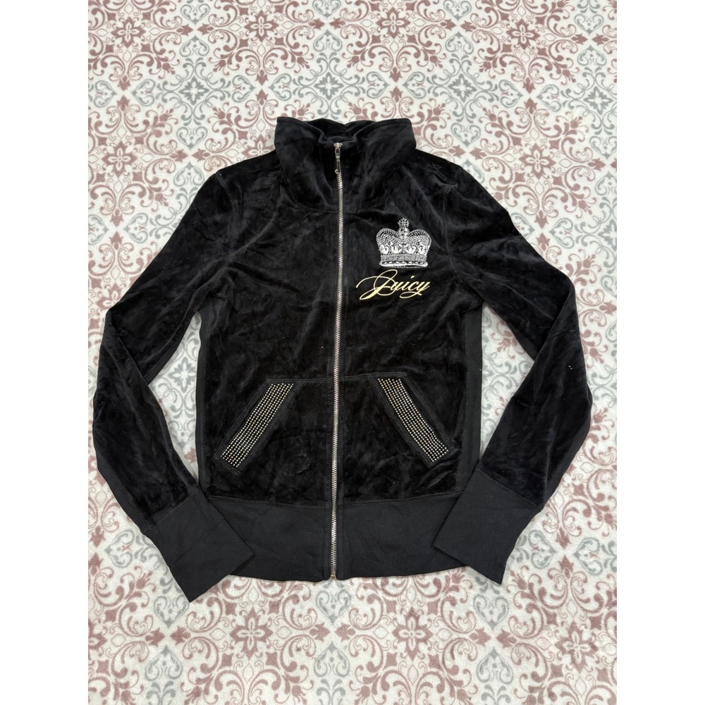 Juicy Couture Black Velour Track Jacket Rhinestone Crown vintage Y2K Small
